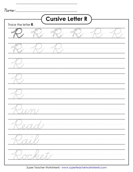 Capital Cursive Letters - Uppercase cursive R (Printable PDF Worksheet)