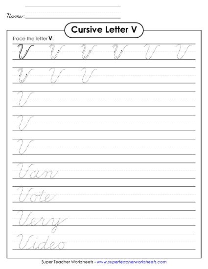Capital Cursive Letters - Uppercase cursive V (Printable PDF Worksheet)