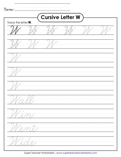 Capital Cursive Letters - Uppercase cursive W (Printable PDF Worksheet)