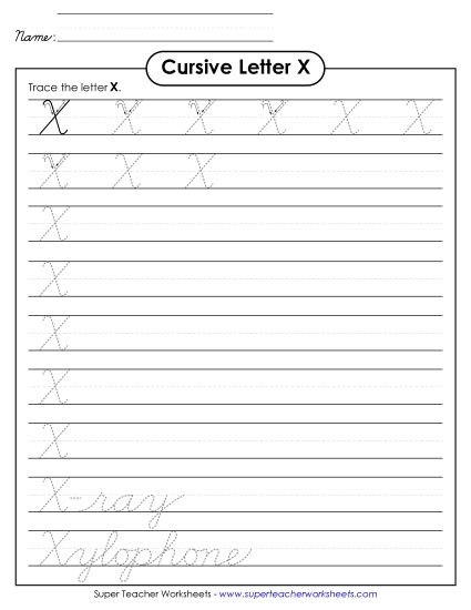Capital Cursive Letters - Uppercase cursive X (Printable PDF Worksheet)