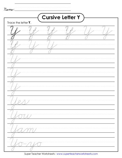 Capital Cursive Letters - Uppercase cursive Y (Printable PDF Worksheet)