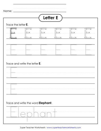 Letter E - Uppercase E (Tracing Dotted Line) (Printable PDF Worksheet)