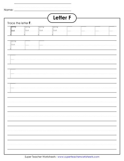 Trace and Print - Uppercase F Printing Practice (Smaller Font Size) (Printable PDF Worksheet)