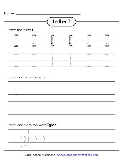 Trace and Print - Uppercase I (Dotted Lines) (Printable PDF Worksheet)