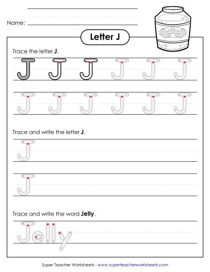 Letter J - Uppercase J (Outlined Letters) (Printable PDF Worksheet)