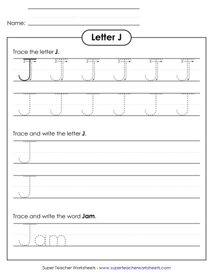 Letter J - Uppercase J (Tracing Dotted Line) (Printable PDF Worksheet)