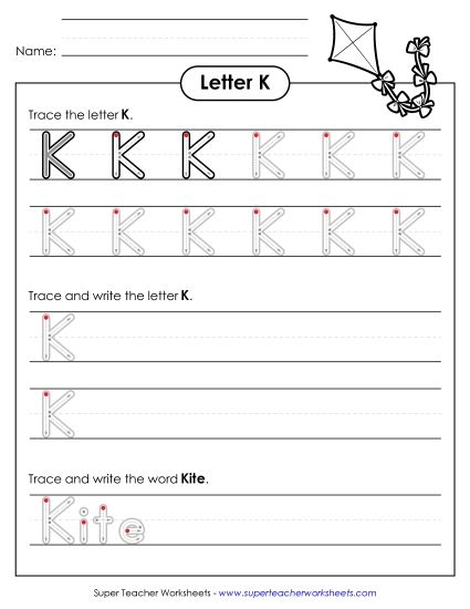 Letter K - Uppercase K (Outlined Letters) (Printable PDF Worksheet)