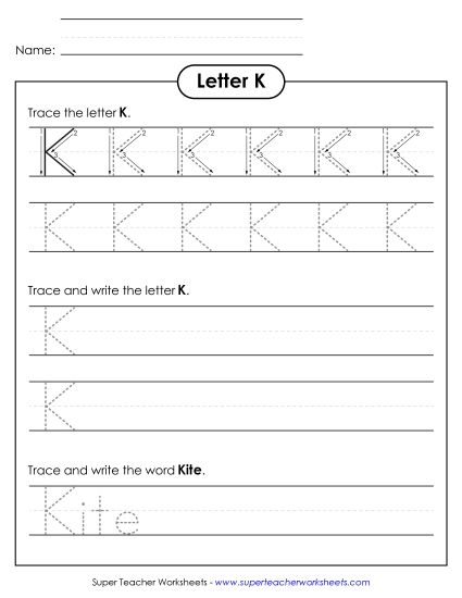Letter K - Uppercase K (Tracing Dotted Line) (Printable PDF Worksheet)