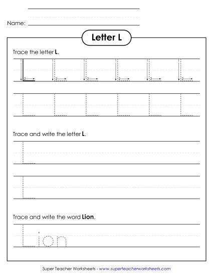 Trace and Print - Uppercase L (Dotted Lines) (Printable PDF Worksheet)