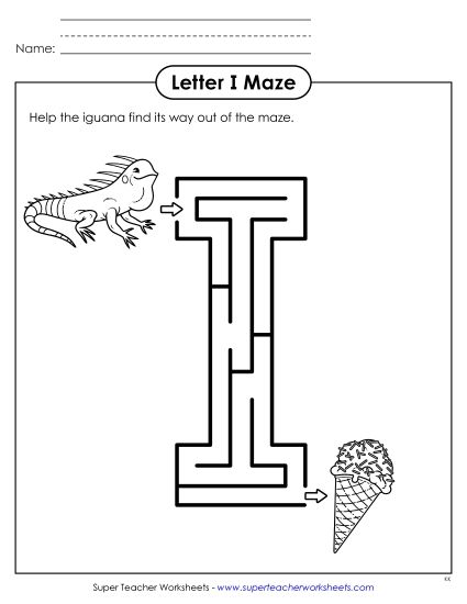 Alphabet Mazes (Easy) - Uppercase Letter I Maze (Printable PDF Worksheet)