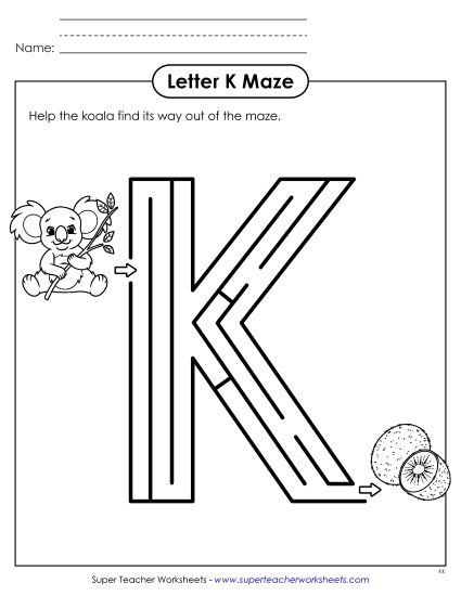 Alphabet Mazes (Easy) - Uppercase Letter K Maze (Printable PDF Worksheet)