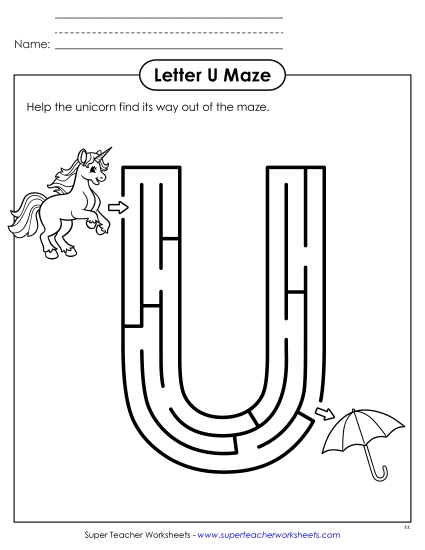 Letter Recognition - Uppercase Letter U Maze (Printable PDF Worksheet)