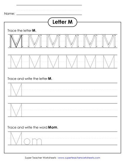 Trace and Print - Uppercase M (Dotted Lines) (Printable PDF Worksheet)
