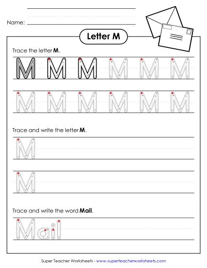 Letter M - Uppercase M (Outlined Letters) (Printable PDF Worksheet)