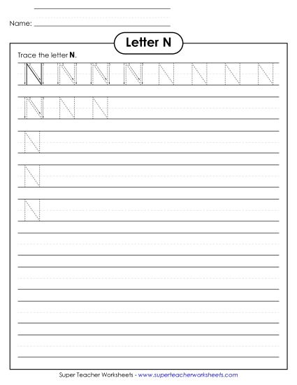 Letter N - Uppercase N (Smaller Font Size) (Printable PDF Worksheet)