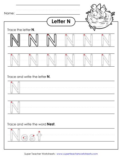 Trace and Print - Uppercase N Writing Practice (Outlined Letters) (Printable PDF Worksheet)