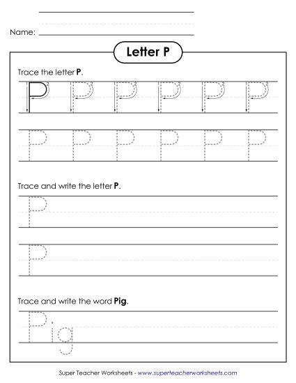 Trace and Print - Uppercase P (Dotted Lines) (Printable PDF Worksheet)