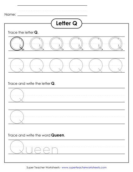 Trace and Print - Uppercase Q (Dotted Lines) (Printable PDF Worksheet)