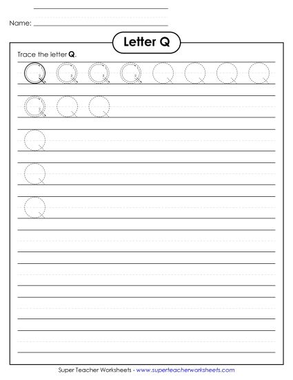 Trace and Print - Uppercase Q Printing Practice (Smaller Font Size) (Printable PDF Worksheet)
