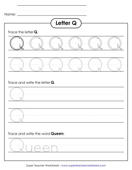 Letter Q - Uppercase Q (Tracing Dotted Line) (Printable PDF Worksheet)