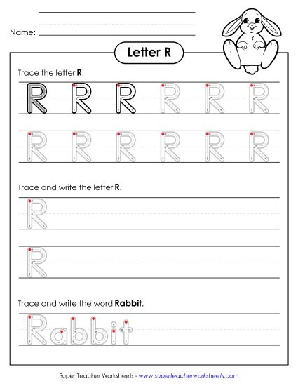 Trace and Print - Uppercase R Writing Practice (Outlined Letters) (Printable PDF Worksheet)