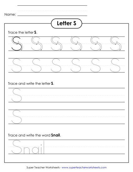 Trace and Print - Uppercase S (Dotted Lines) (Printable PDF Worksheet)
