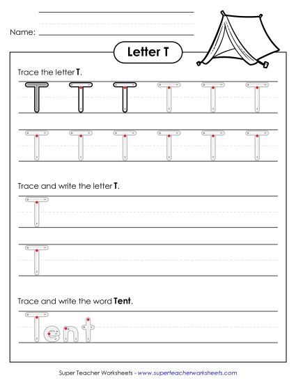 Letter T - Uppercase T (Outlined Letters) (Printable PDF Worksheet)
