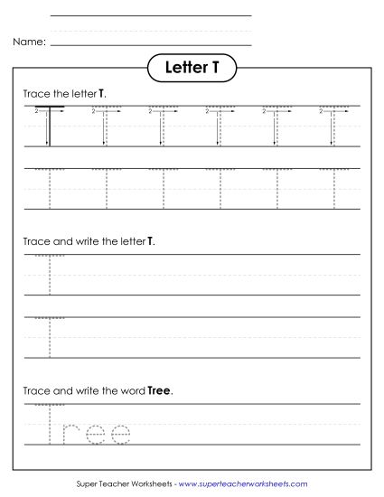 Letter T - Uppercase T (Tracing Dotted Line) (Printable PDF Worksheet)
