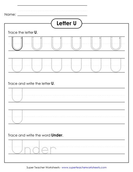 Trace and Print - Uppercase U (Dotted Lines) (Printable PDF Worksheet)