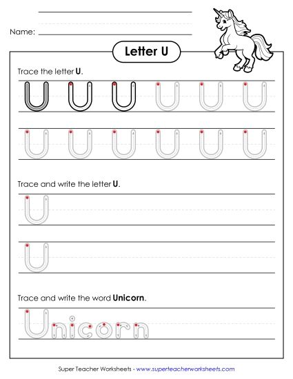 Letter U - Uppercase U (Outlined Letters) (Printable PDF Worksheet)