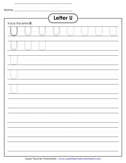 Trace and Print - Uppercase U Printing Practice (Smaller Font Size) (Printable PDF Worksheet)