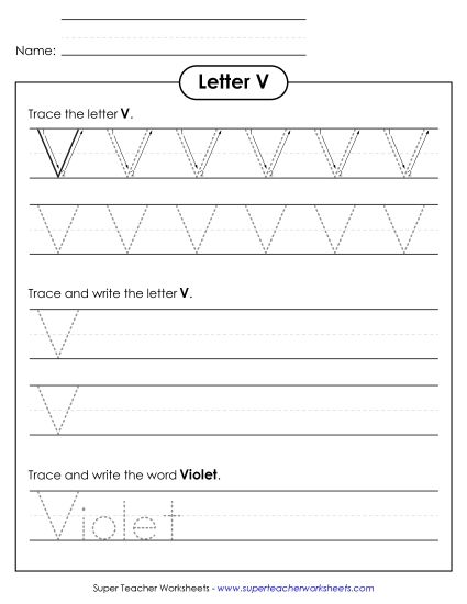 Trace and Print - Uppercase V (Dotted Lines) (Printable PDF Worksheet)