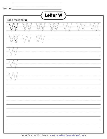 Trace and Print - Uppercase W Printing Practice (Smaller Font Size) (Printable PDF Worksheet)