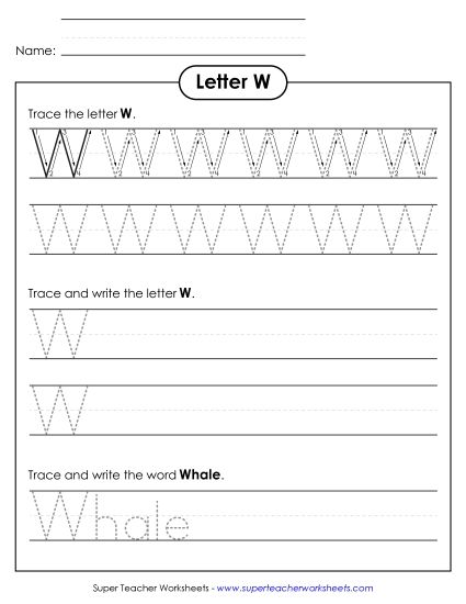 Letter W - Uppercase W (Tracing Dotted Line) (Printable PDF Worksheet)