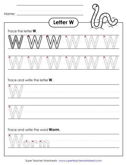 Trace and Print - Uppercase W Writing Practice Outlined Letters) (Printable PDF Worksheet)