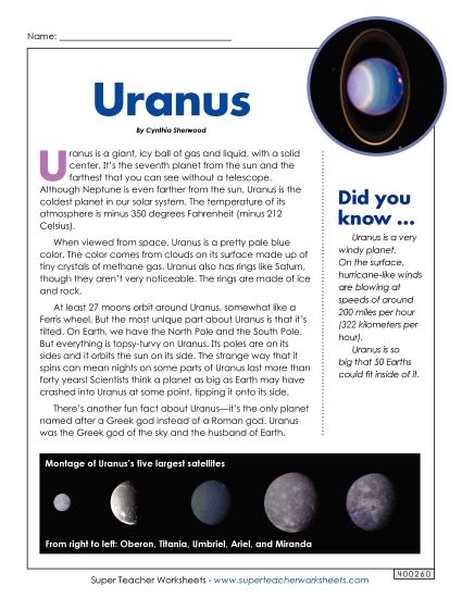 Articles with Questions - Uranus Article & Questions (Printable PDF Worksheet)