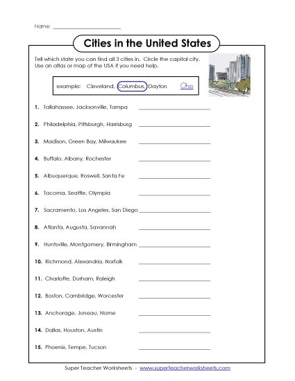 States & Capitals - U.S. Cities & Capitals (Printable PDF Worksheet)