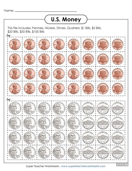 Cut-Out Coins & Bills - US Money: Cut-Out Coins and Bills (Printable PDF Worksheet)