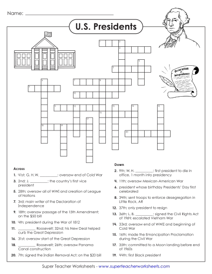 Puzzles & Games - U.S. Presidents Crossword Puzzle (Printable PDF Worksheet)