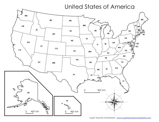 Maps of the USA - USA Abbreviations Map (Printable PDF Worksheet)