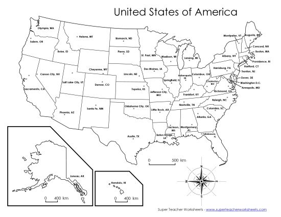 Maps of the USA - USA Capitals Map (Printable PDF Worksheet)