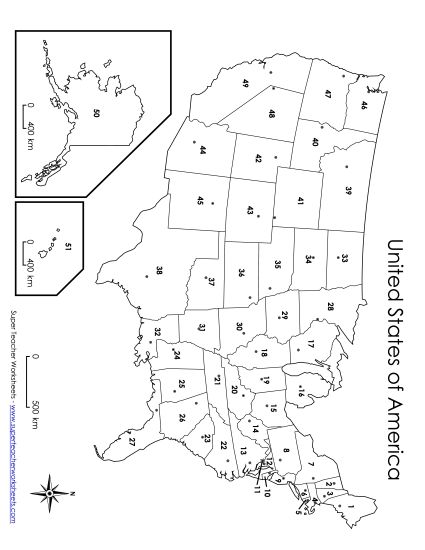 U.S.A. Maps - USA Capitals Numbered Map (Printable PDF Worksheet)