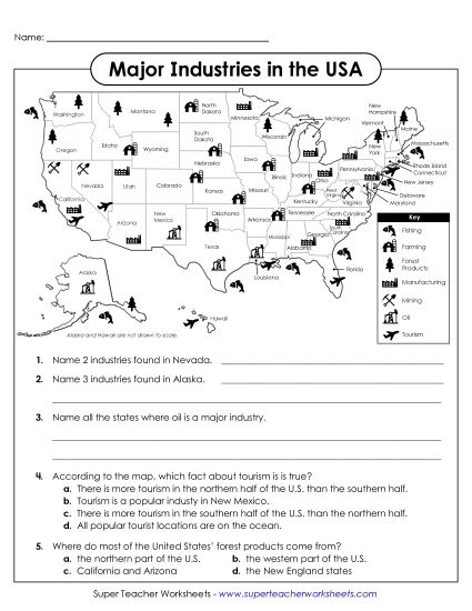 Basic Map Skills - USA Industry Map (Printable PDF Worksheet)