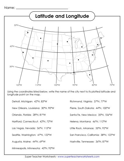 Latitude and Longitude - USA Latitude and Longitude 2 Skills (Printable PDF Worksheet)