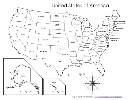 U.S.A. Maps - USA Map with State Names (Printable PDF Worksheet)