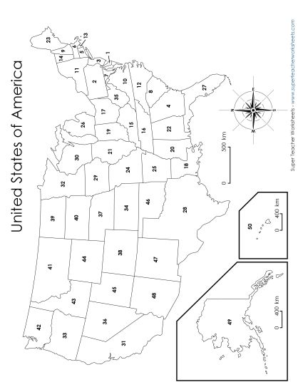 Maps of the USA - USA Numbered States Map (Printable PDF Worksheet)