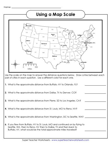 Basic Map Skills - Using a Map Scale (Intermediate) (Printable PDF Worksheet)