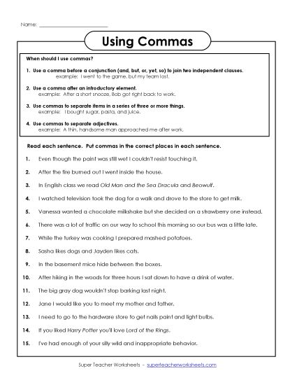 Commas - Using Commas (Printable PDF Worksheet)