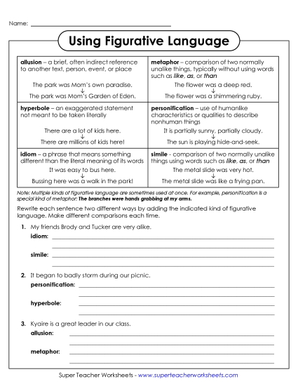 Figurative Language (Multiple Kinds) - Using Figurative Language (Printable PDF Worksheet)