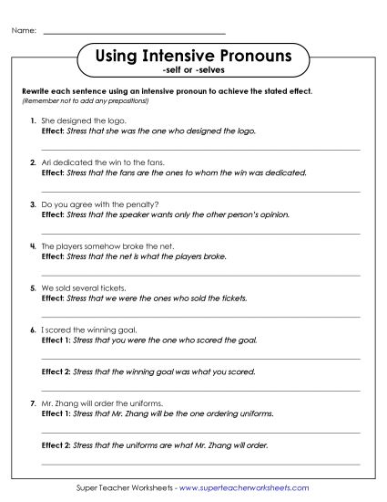 Reflexive & Intensive Pronouns - Using Intensive Pronouns (Printable PDF Worksheet)